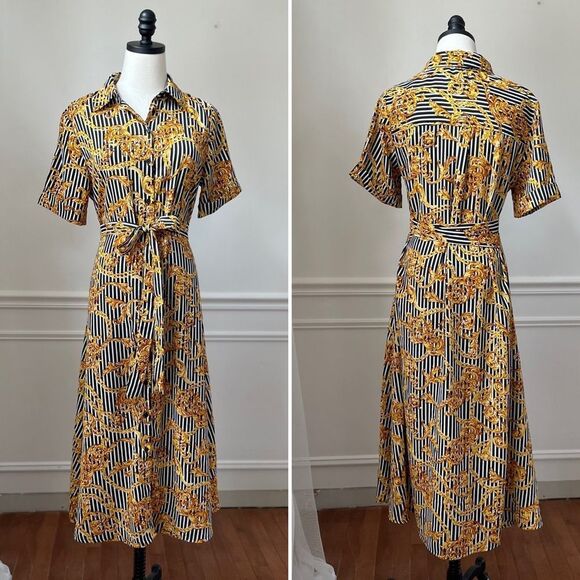 Walter Baker Button Front Shirt Dress Stripe Chain Filagree 6 - Picture 1 of 7